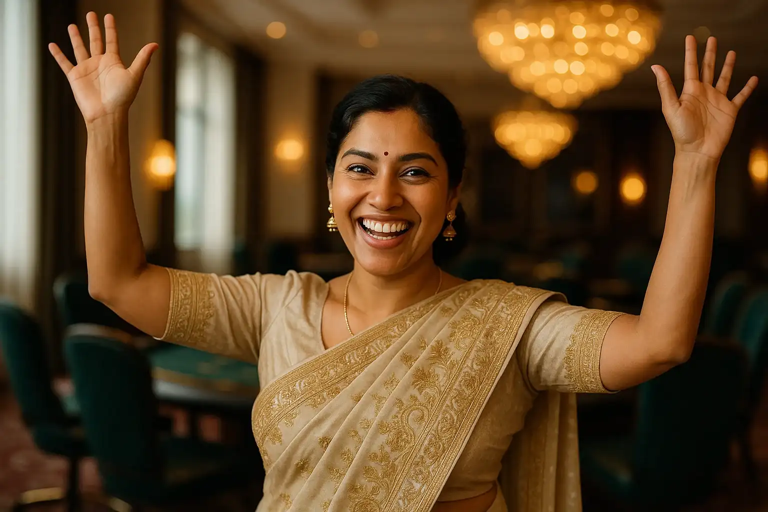 Joyful Indian woman in elegant gold-embroidered sari celebrating in casino VIP lounge