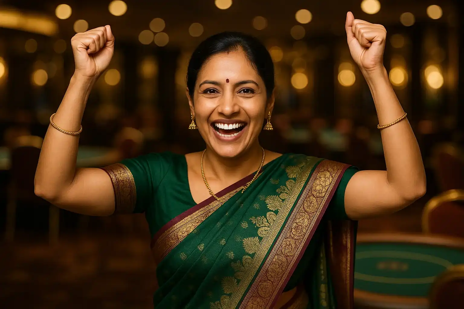 Joyful Indian woman in elegant saree celebrating casino win in VIP lounge