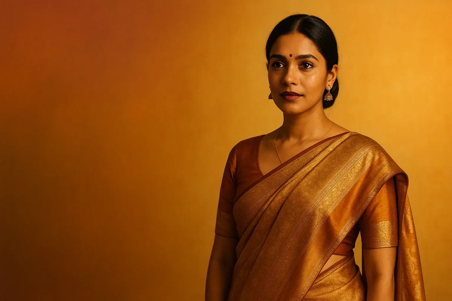 High-resolution portrait of stylish Indian woman in elegant saree on orange gold gradient background