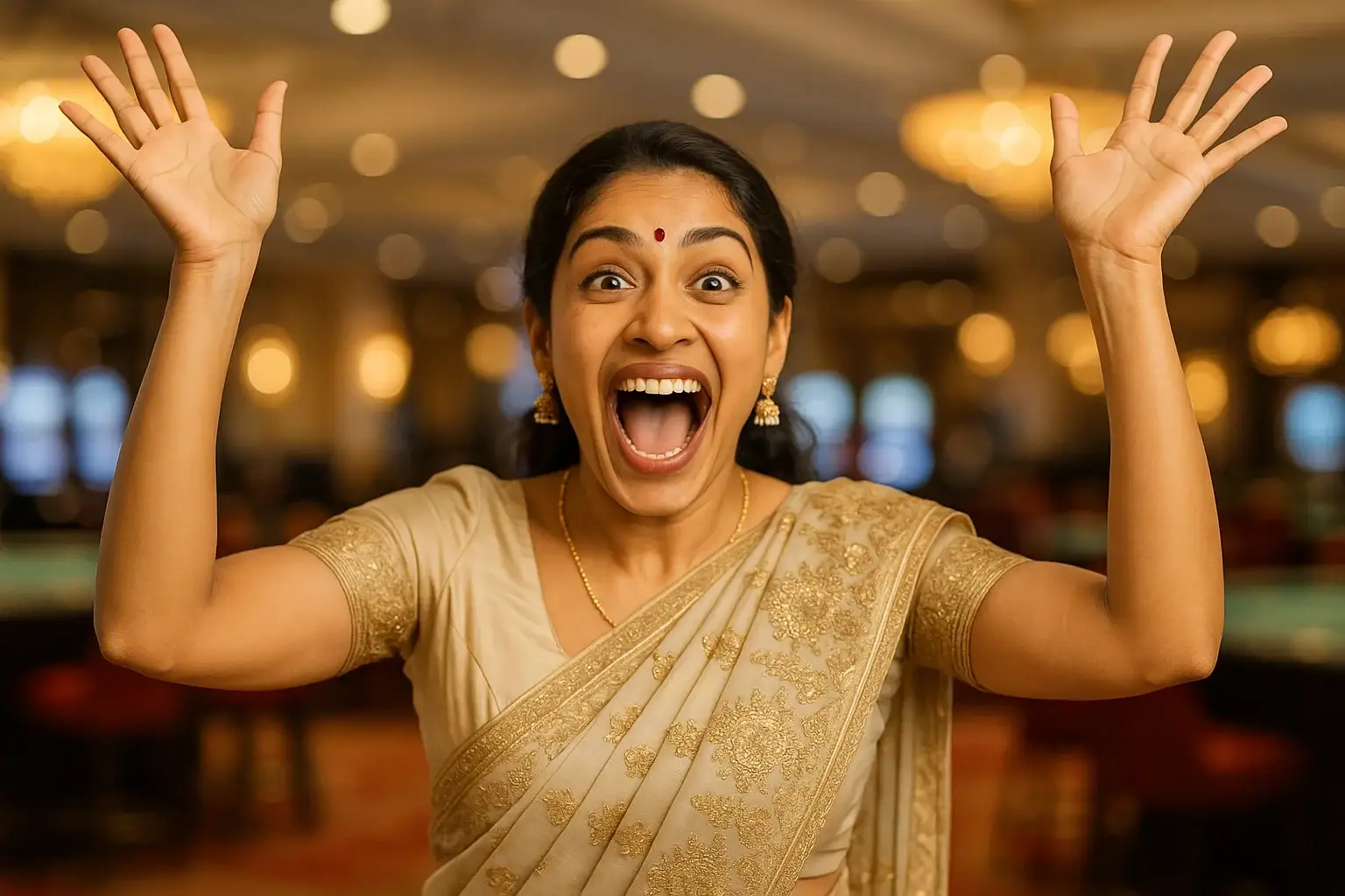 Thrilled Indian woman in elegant gold-embroidered sari celebrating in casino lounge