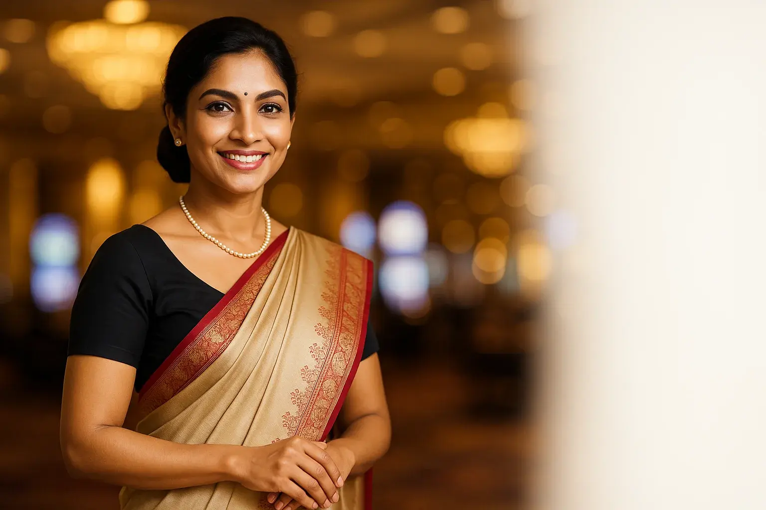 Elegant Indian woman in saree smiling, warm golden casino bokeh background