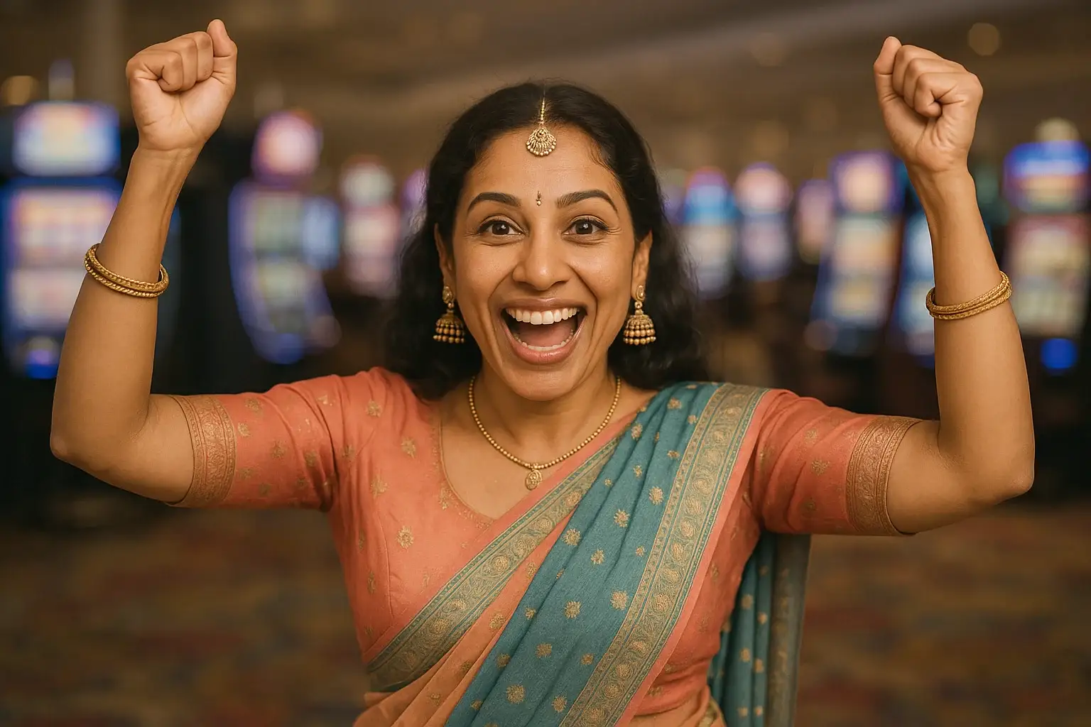 Excited Indian woman celebrating with raised arms on blurred casino slots floor