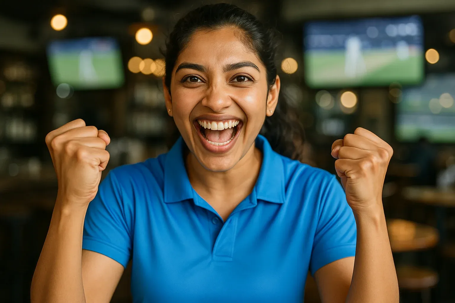 Enthusiastic Indian woman in cricket attire celebrating with raised fists in sports bar